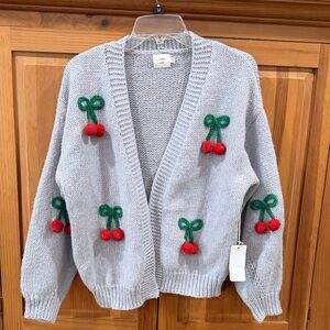 Anthropologie Luna Ivy Gray Cardigan with Red and Green Accent